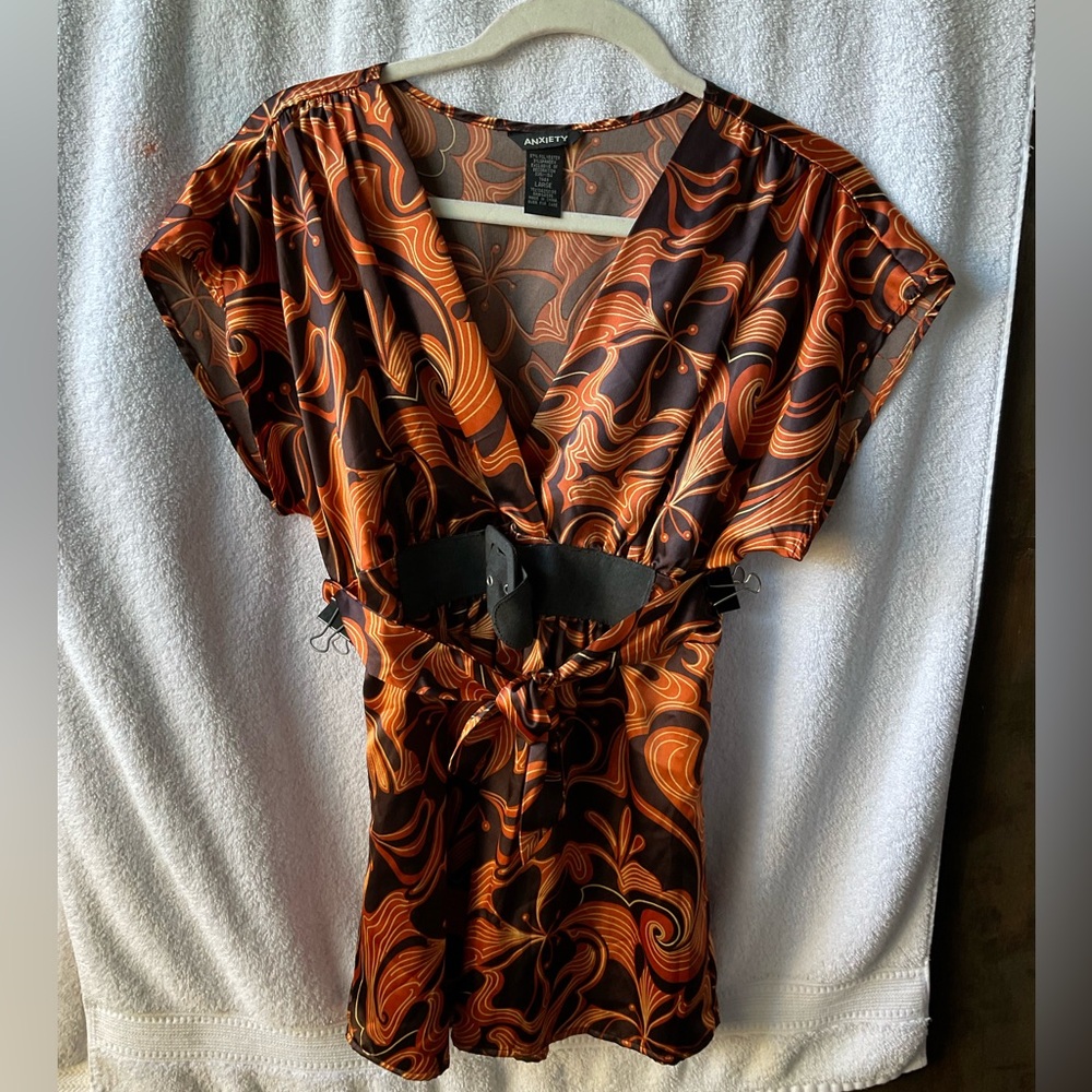 Anxiety Elegant Orange and Black Cap Sleeve Wrap Blouse